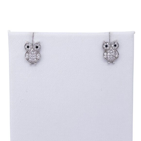 Vintage Sterling Silver 925 Cubic Zirconia 12.4mm Owl Stud Earrings - Picture 2 of 7